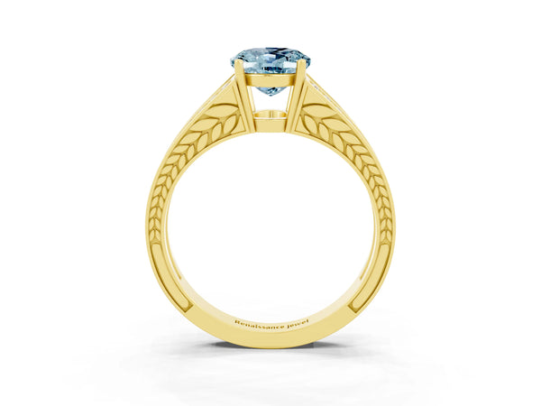 Yellow gold Oval Cut Aquamarine Split Shank Ring with Pavé Band and Four-Prong Setting