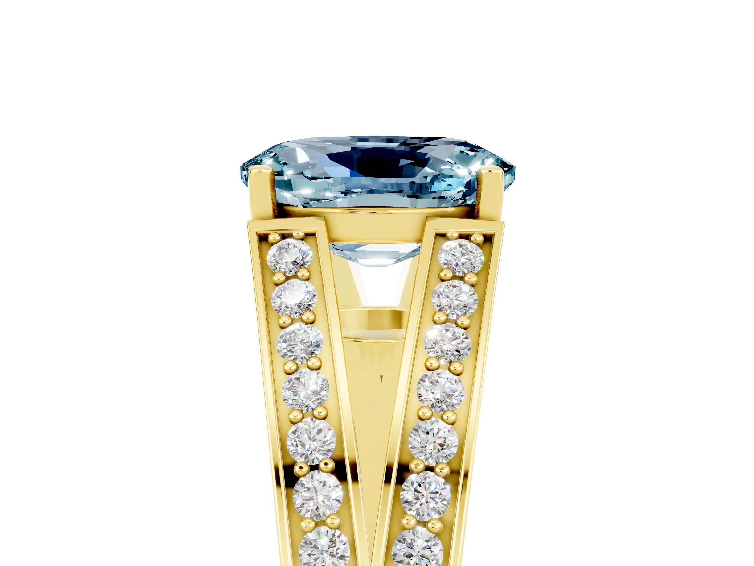 Yellow gold Oval Cut Aquamarine Split Shank Ring with Pavé Band and Four-Prong Setting_5