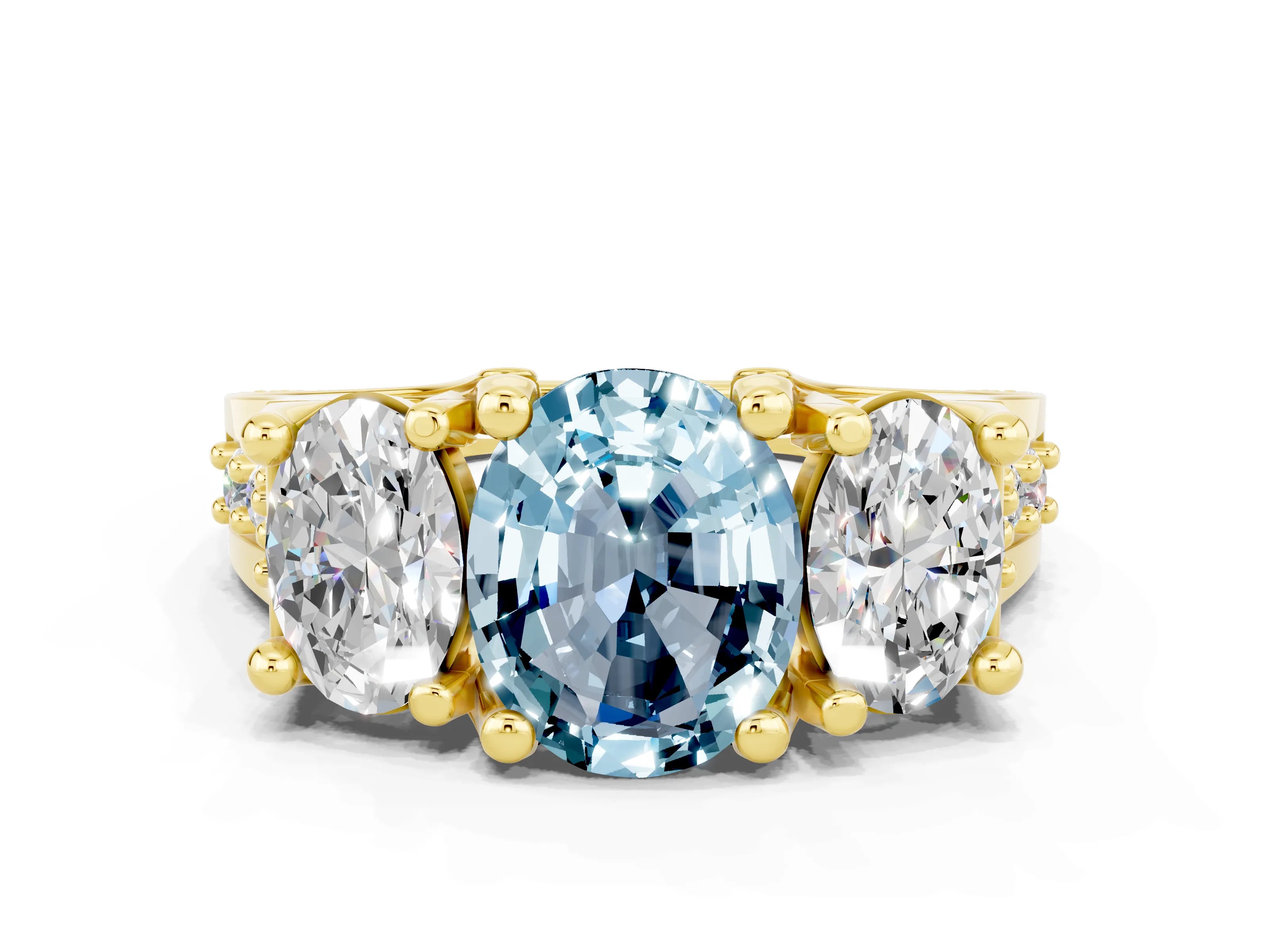 Yellow gold Oval Cut Aquamarine Three-Stone Ring with Channel Set Band and Four-Prong Setting