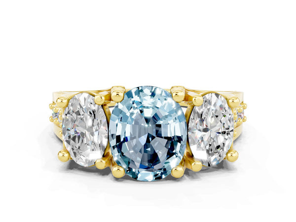 Yellow gold Oval Cut Aquamarine Three-Stone Ring with Channel Set Band and Four-Prong Setting