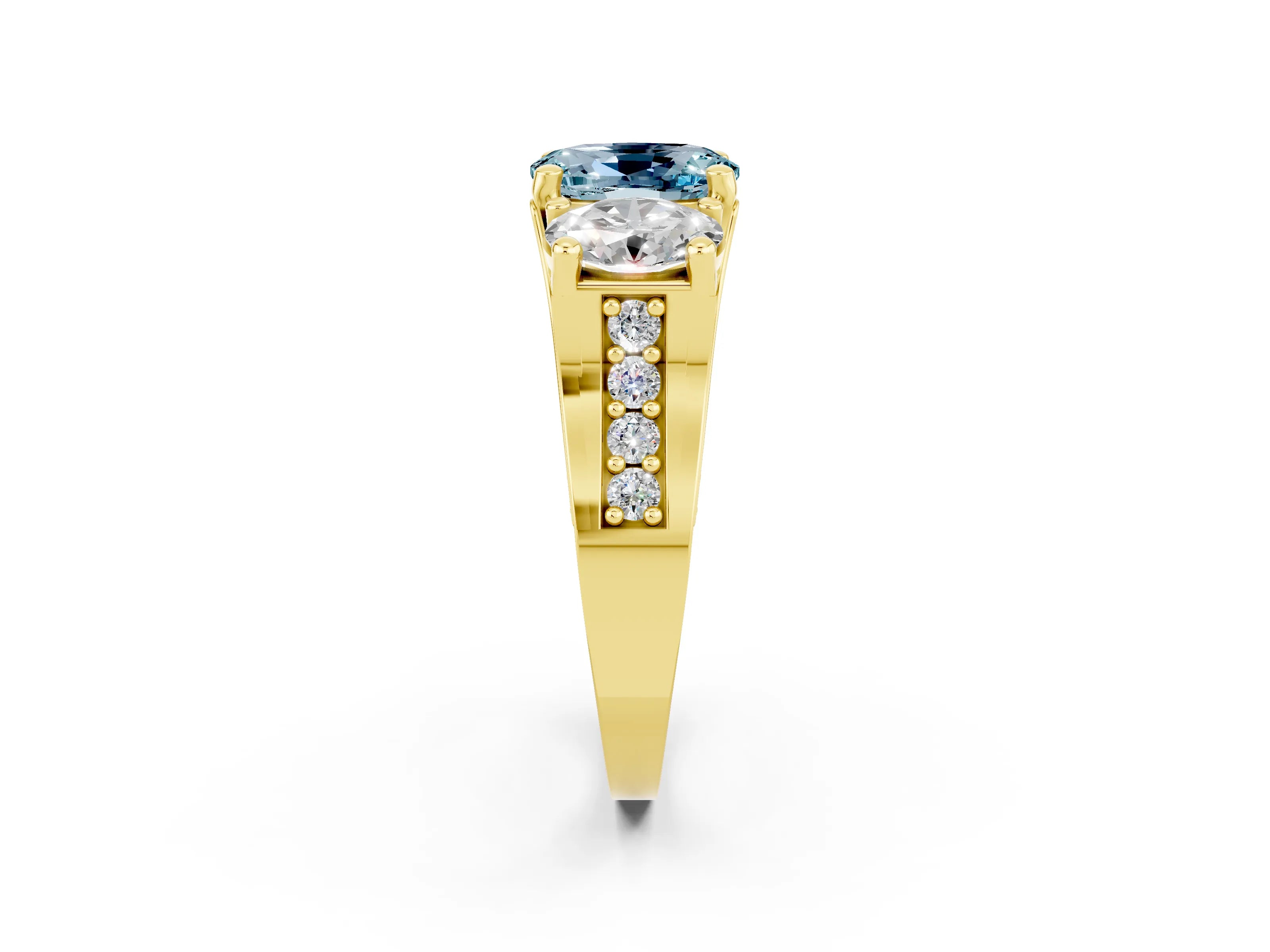 Yellow gold Oval Cut Aquamarine Three-Stone Ring with Channel Set Band and Four-Prong Setting_2
