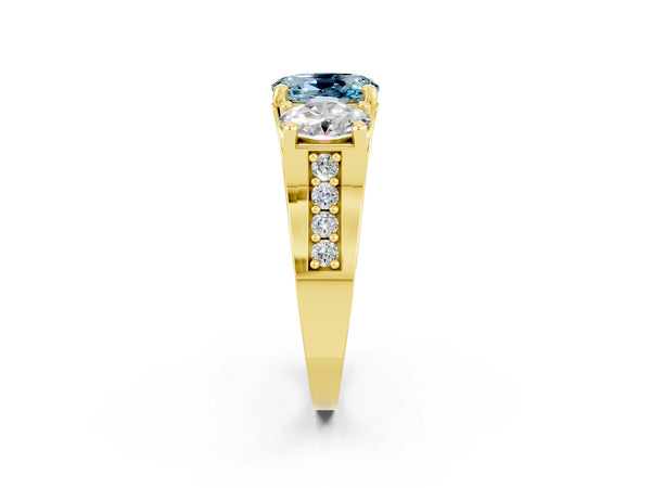 Yellow gold Oval Cut Aquamarine Three-Stone Ring with Channel Set Band and Four-Prong Setting