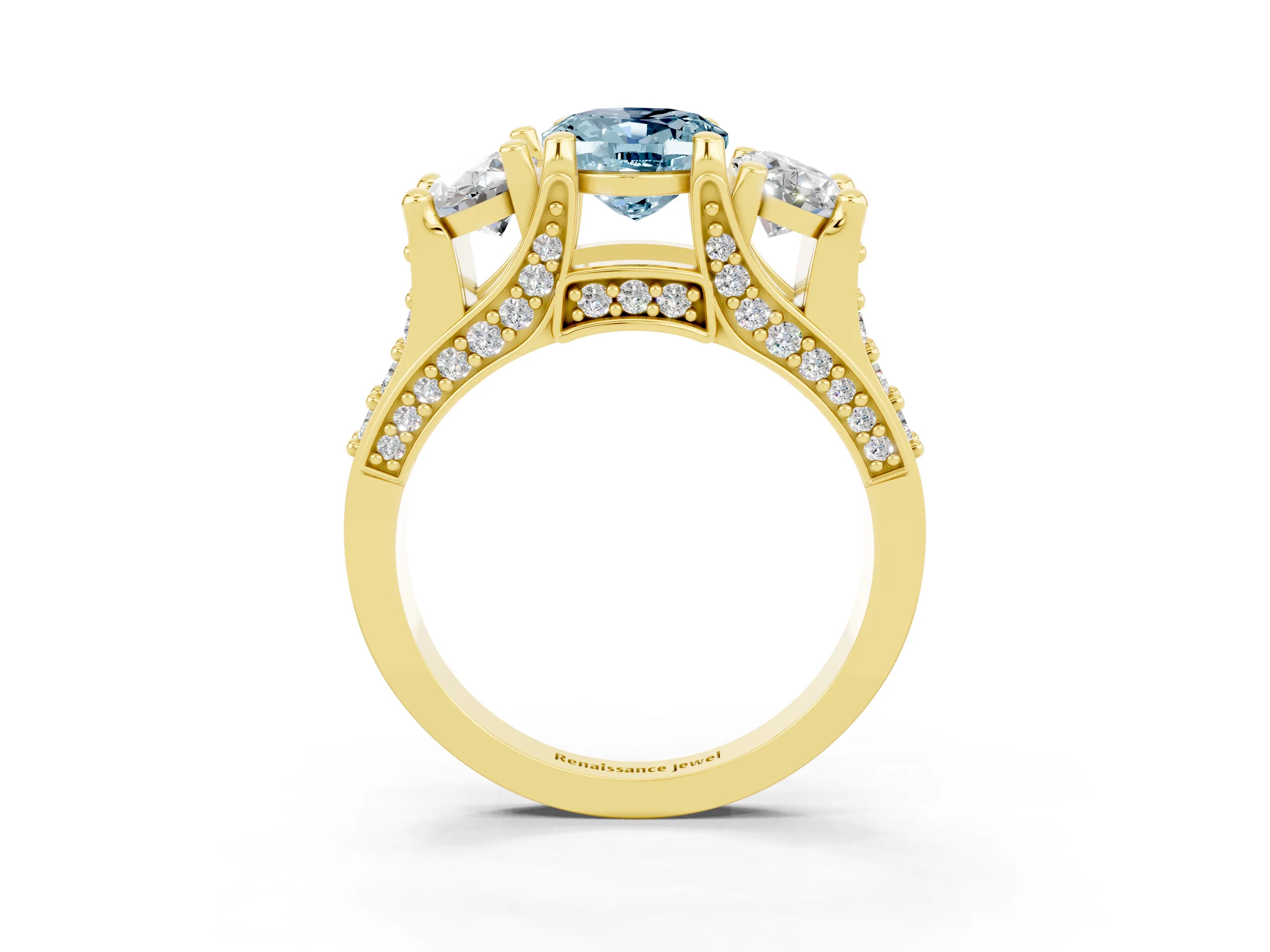 Yellow gold Oval Cut Aquamarine Three-Stone Ring with Channel Set Band and Four-Prong Setting_3