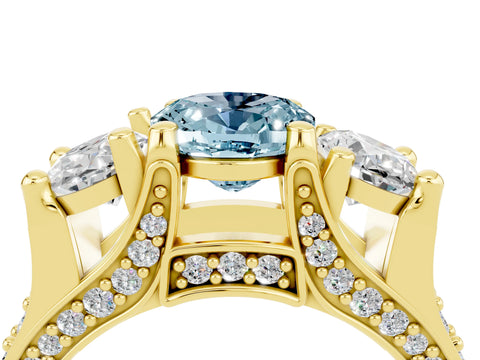 Yellow gold Oval Cut Aquamarine Three-Stone Ring with Channel Set Band and Four-Prong Setting_4
