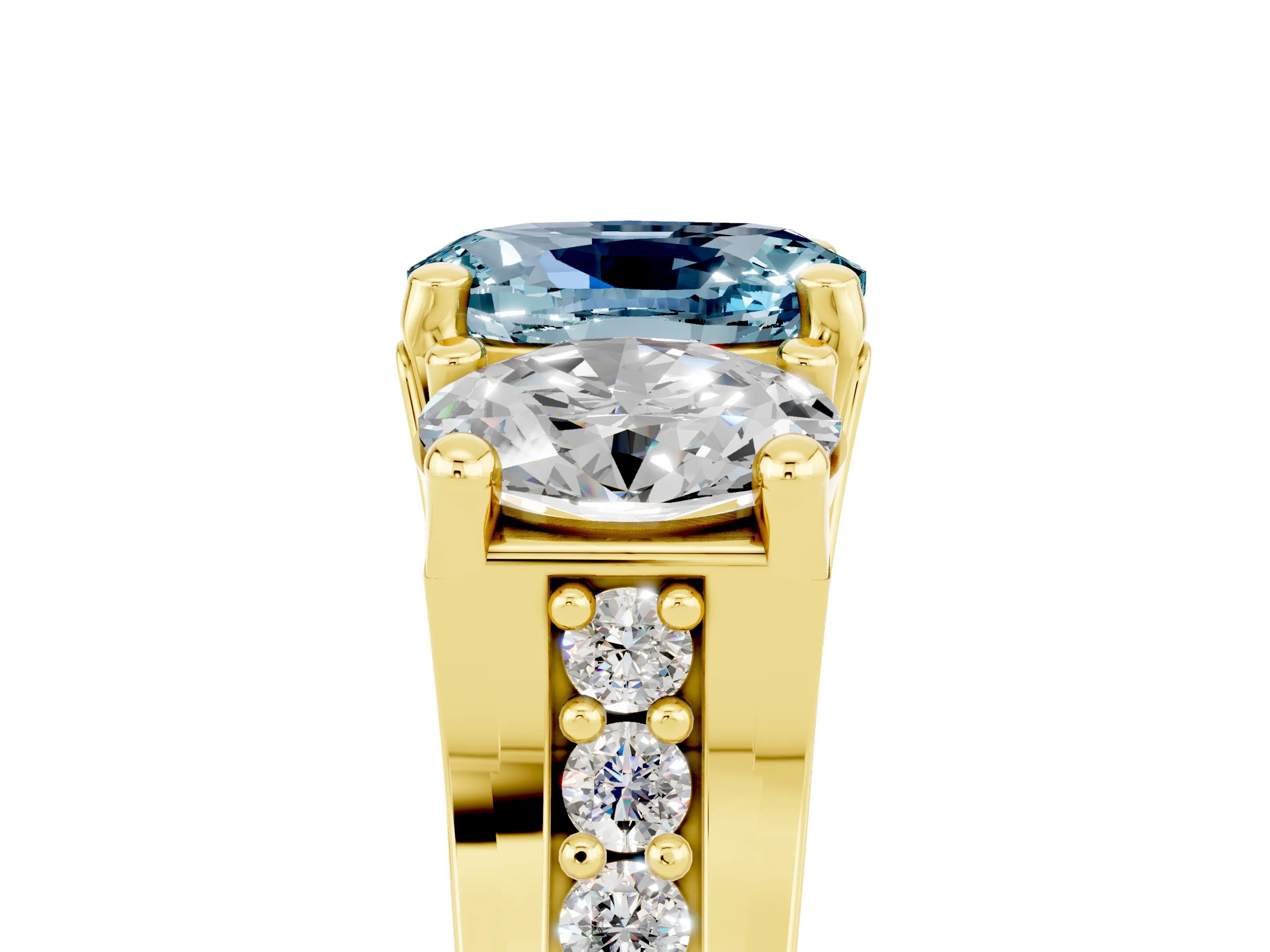 Yellow gold Oval Cut Aquamarine Three-Stone Ring with Channel Set Band and Four-Prong Setting_5