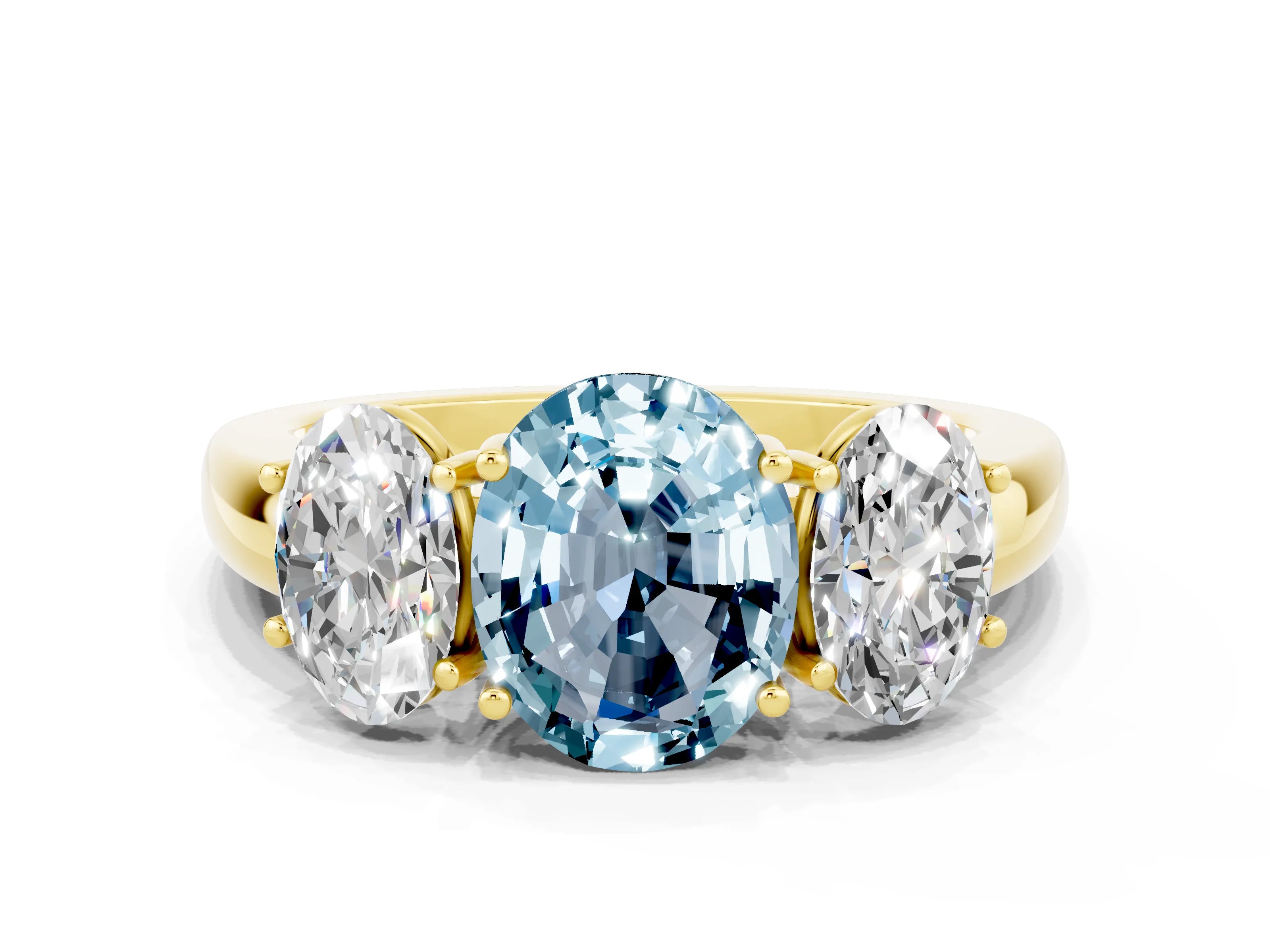 Yellow gold Oval Cut Aquamarine Three-Stone Ring with Four-Prong Setting and Classic Band