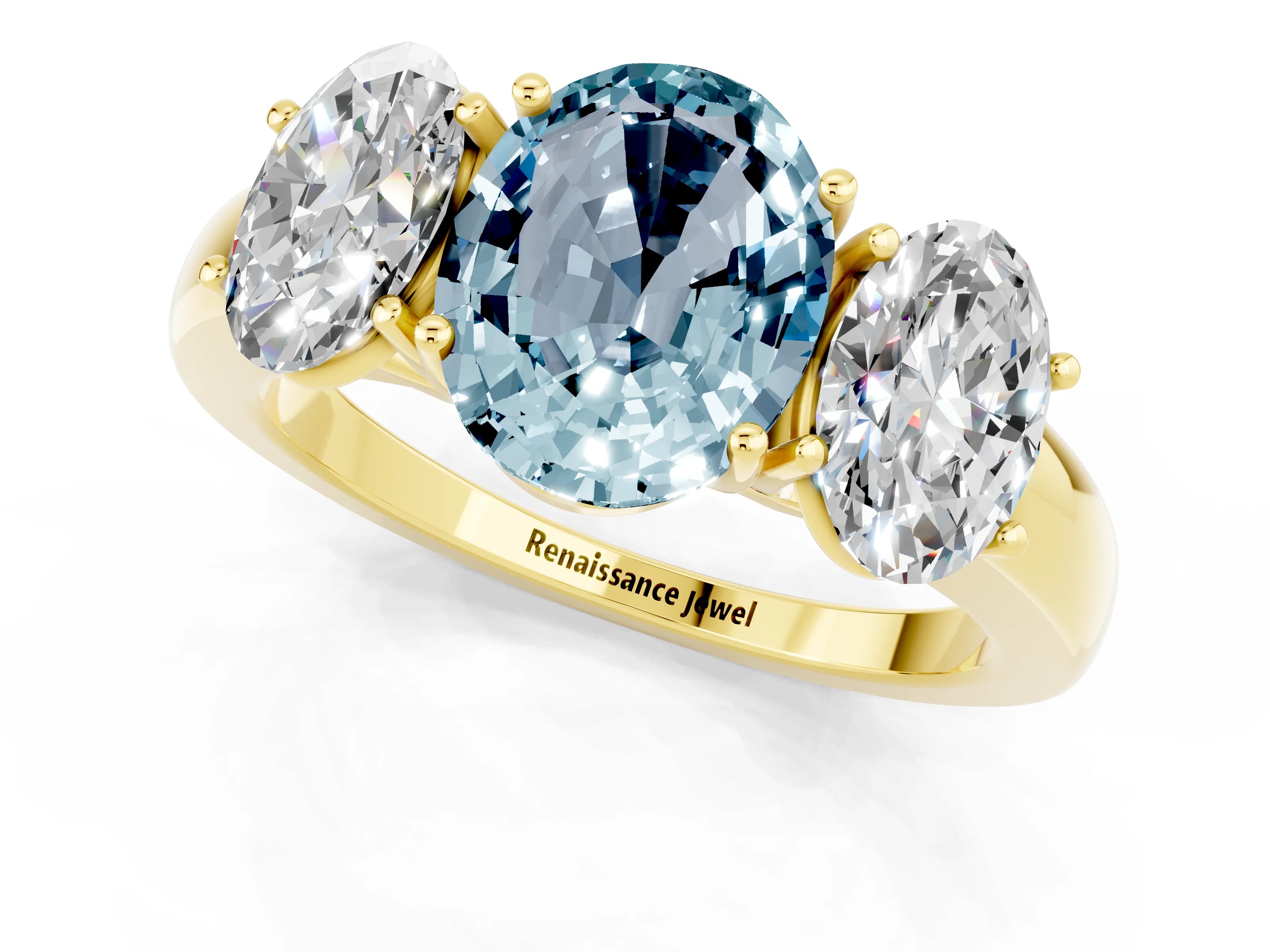 Yellow gold Oval Cut Aquamarine Three-Stone Ring with Four-Prong Setting and Classic Band_1