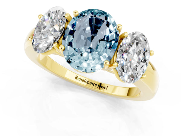 Yellow gold Oval Cut Aquamarine Three-Stone Ring with Four-Prong Setting and Classic Band