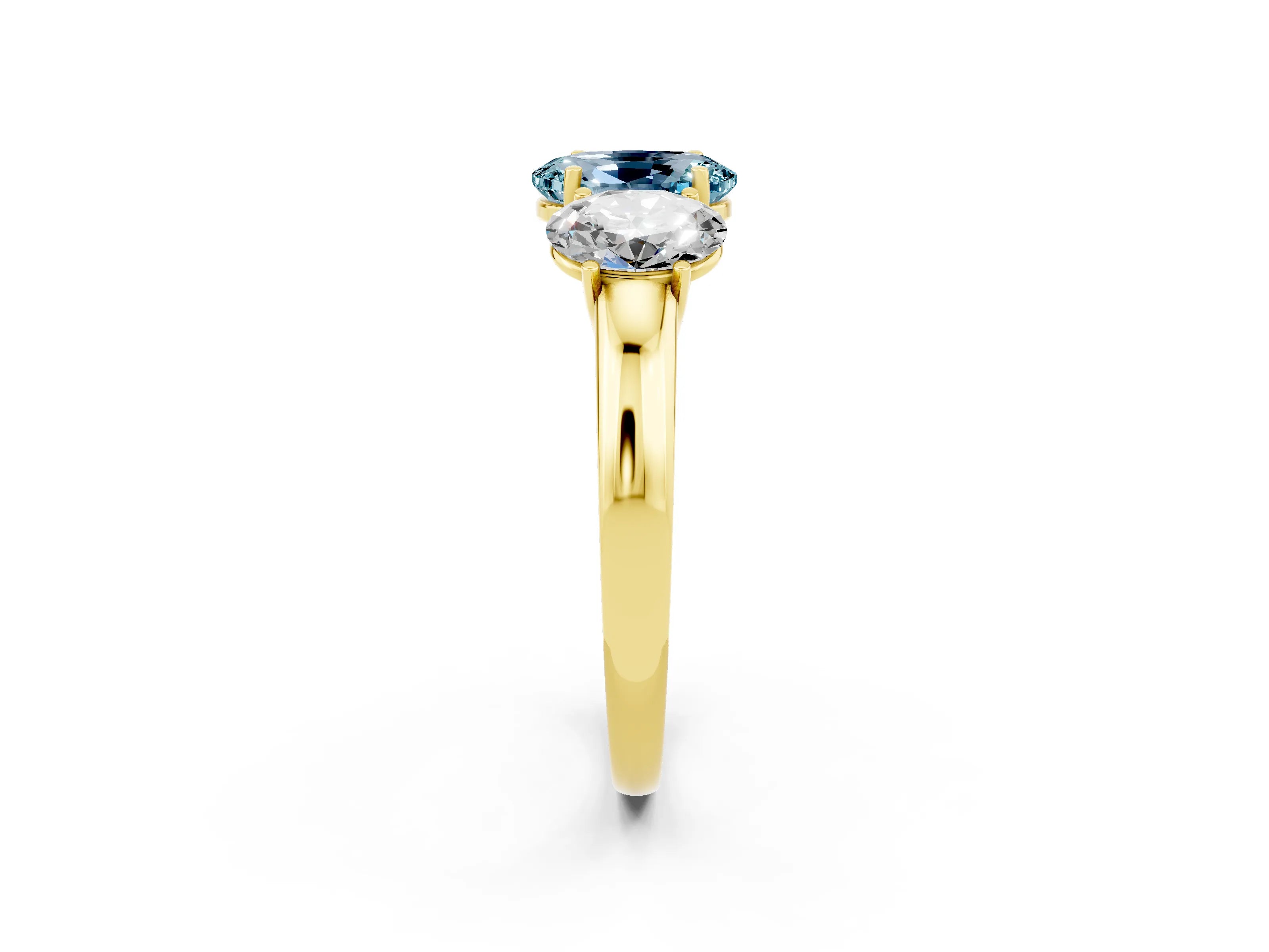 Yellow gold Oval Cut Aquamarine Three-Stone Ring with Four-Prong Setting and Classic Band_2