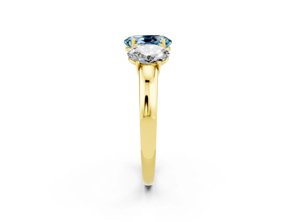 Yellow gold Oval Cut Aquamarine Three-Stone Ring with Four-Prong Setting and Classic Band