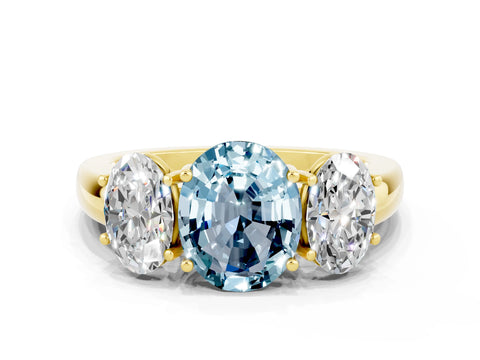 Yellow gold Oval Cut Aquamarine Three-Stone Ring with Four-Prong Setting and Classic Band
