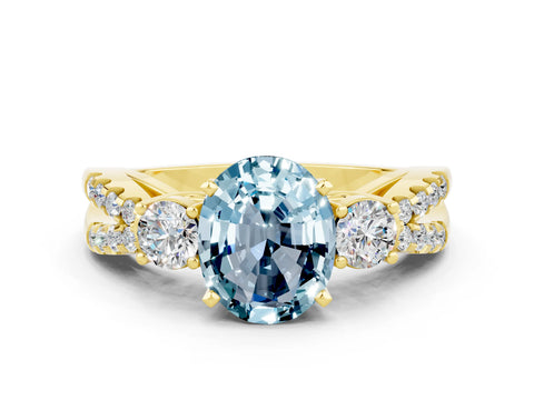Yellow gold Oval Cut Aquamarine Three-Stone Ring with Pavé Split Shank and Four-Prong Setting_12