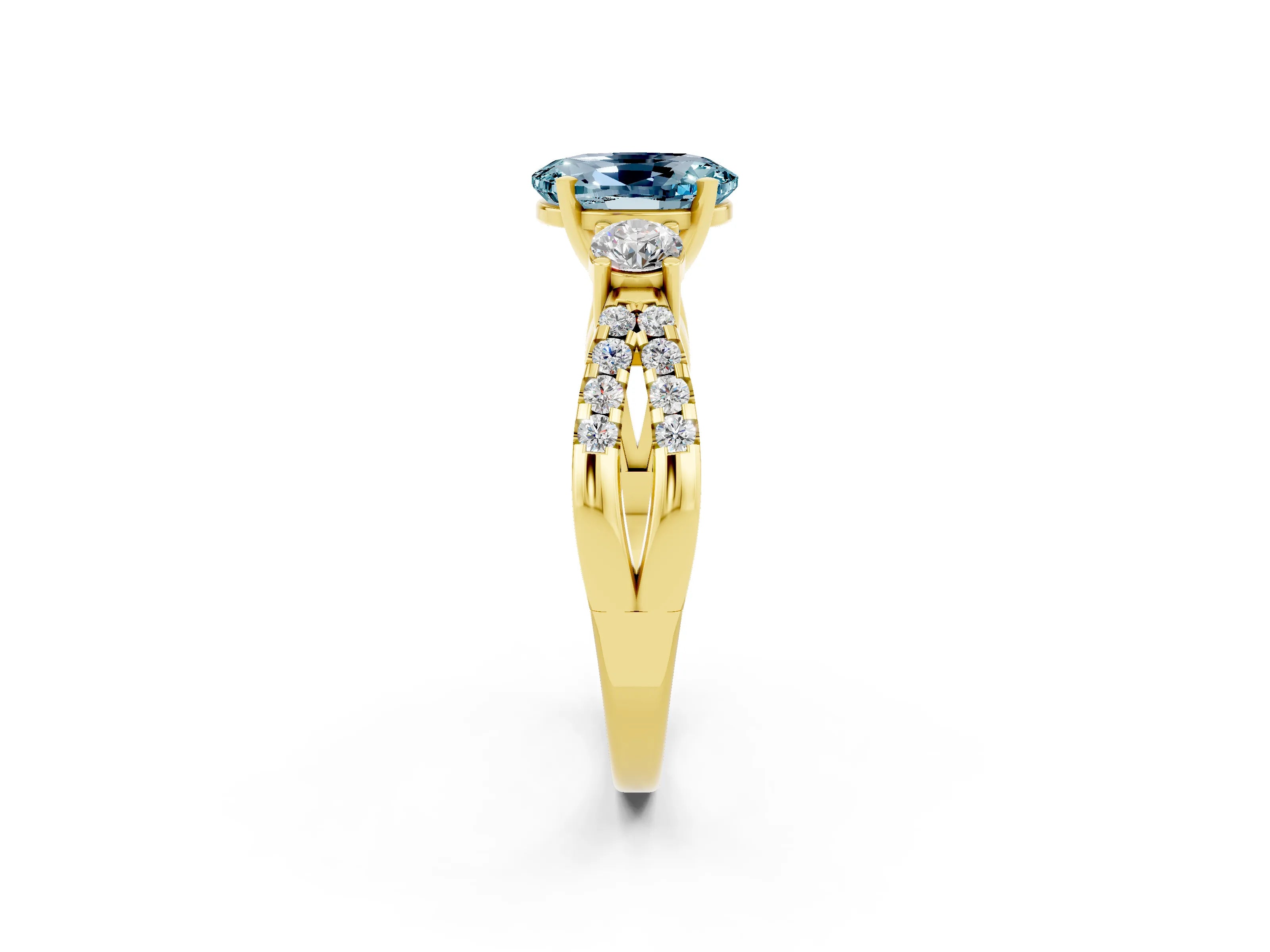 Yellow gold Oval Cut Aquamarine Three-Stone Ring with Pavé Split Shank and Four-Prong Setting_14
