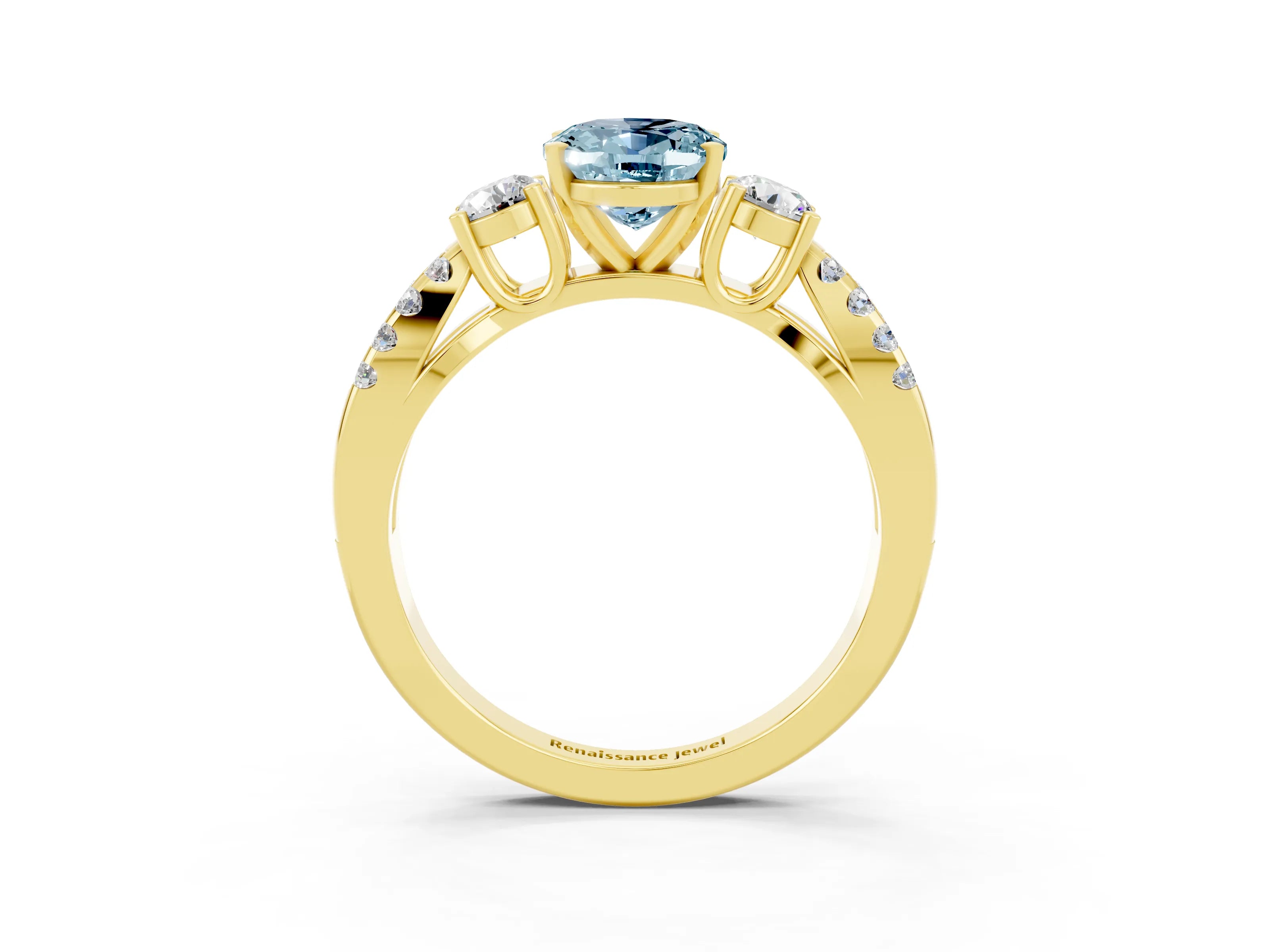 Yellow gold Oval Cut Aquamarine Three-Stone Ring with Pavé Split Shank and Four-Prong Setting_15