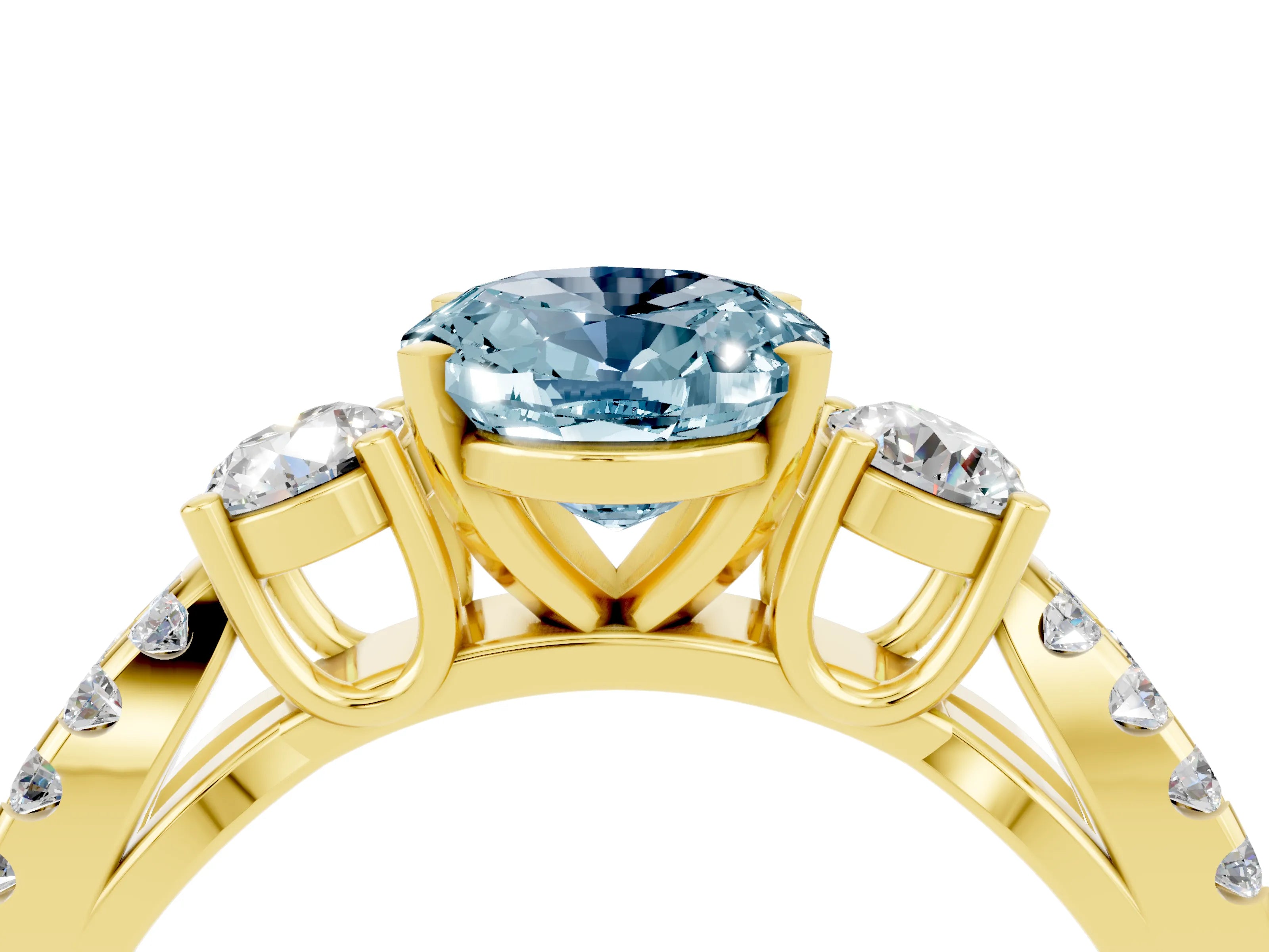 Yellow gold Oval Cut Aquamarine Three-Stone Ring with Pavé Split Shank and Four-Prong Setting_16