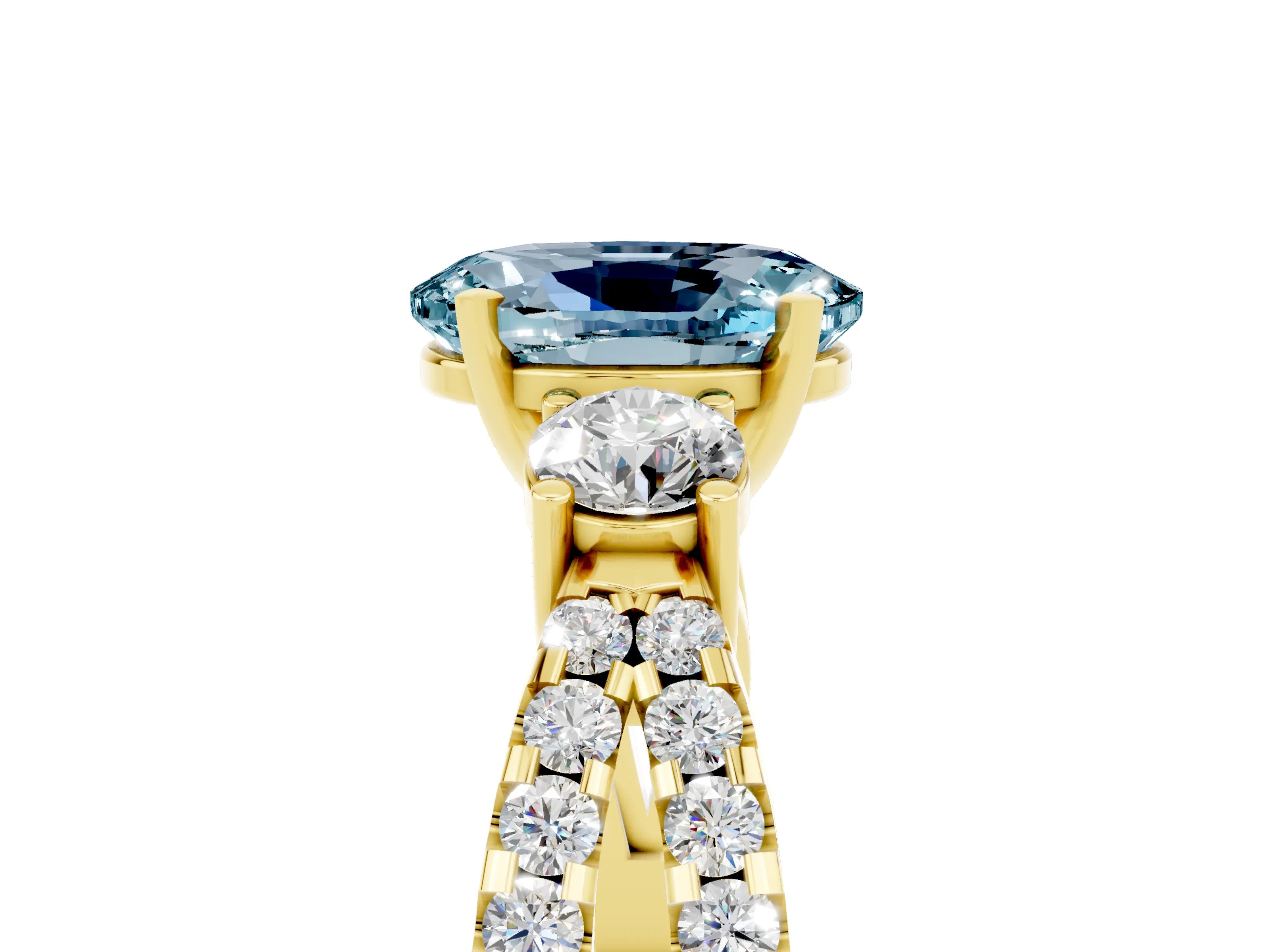 Yellow gold Oval Cut Aquamarine Three-Stone Ring with Pavé Split Shank and Four-Prong Setting_17