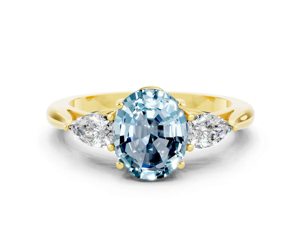 Yellow gold Oval Cut Aquamarine Three-Stone Ring with Pear  Side Stones and Prong Setting