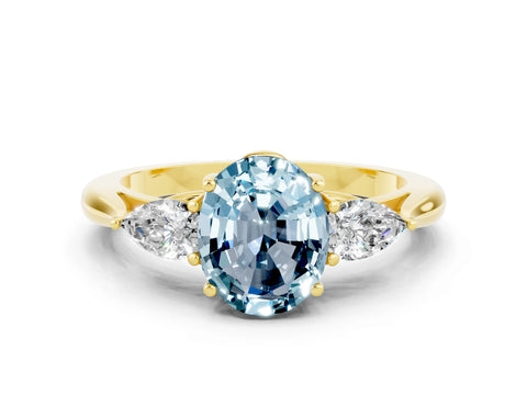 Yellow gold Oval Cut Aquamarine Three-Stone Ring with Pear Side Stones and Four-Prong Setting_12