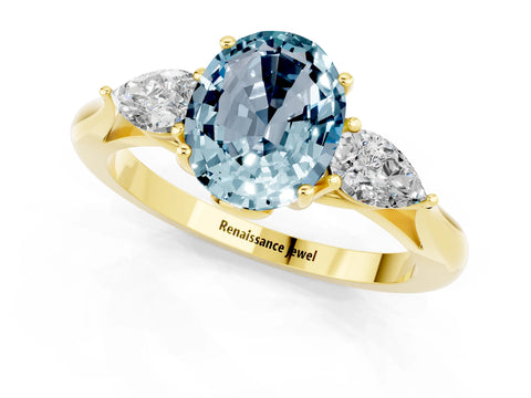 Yellow gold Oval Cut Aquamarine Three-Stone Ring with Pear Side Stones and Four-Prong Setting_13