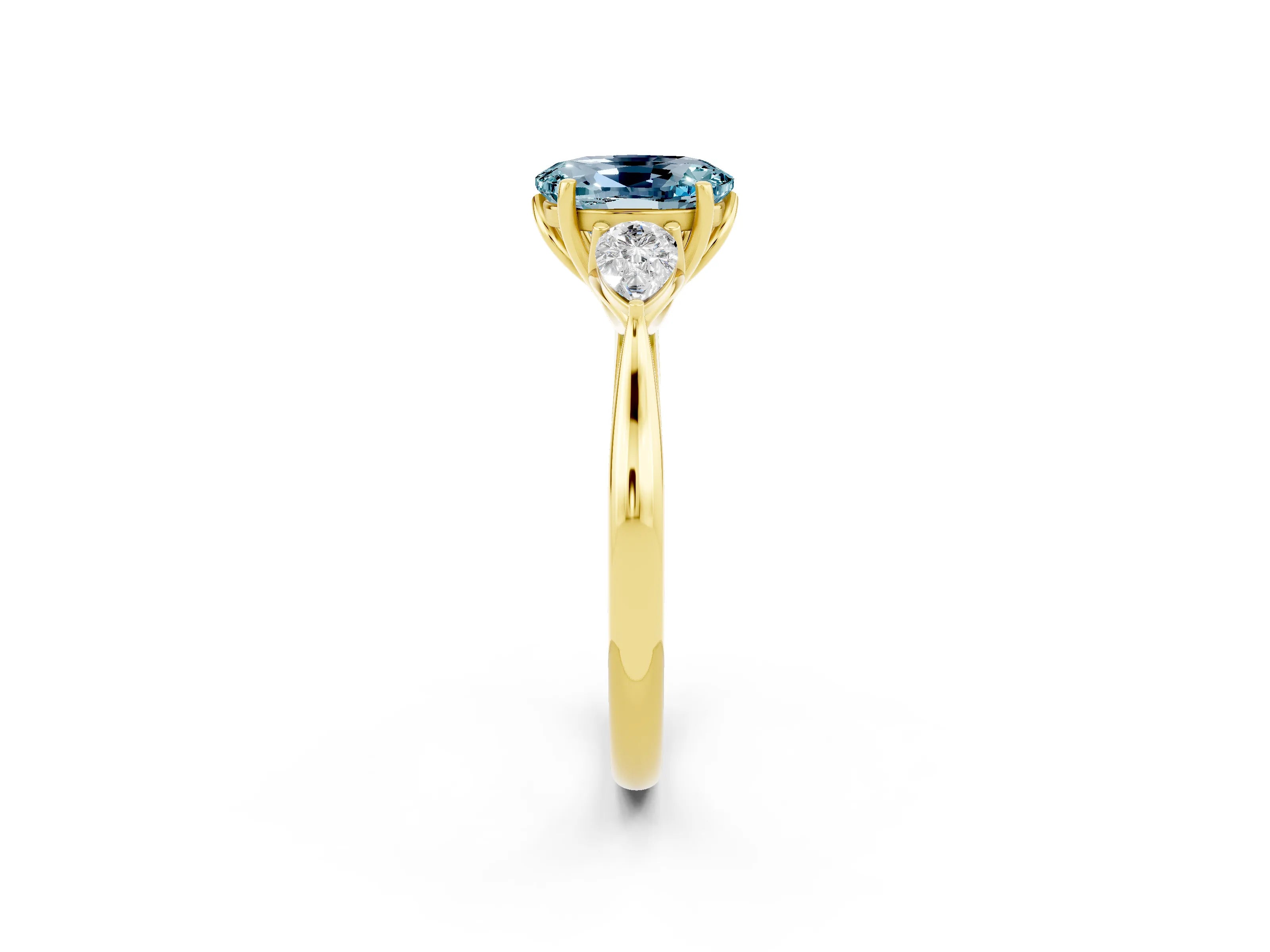 Yellow gold Oval Cut Aquamarine Three-Stone Ring with Pear Side Stones and Four-Prong Setting_14