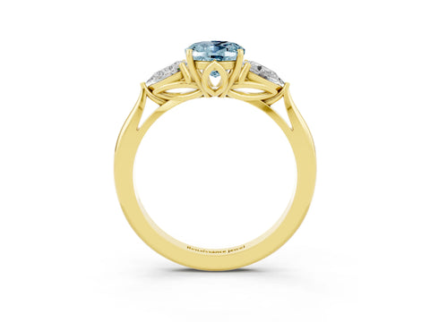 Yellow gold Oval Cut Aquamarine Three-Stone Ring with Pear Side Stones and Four-Prong Setting_15