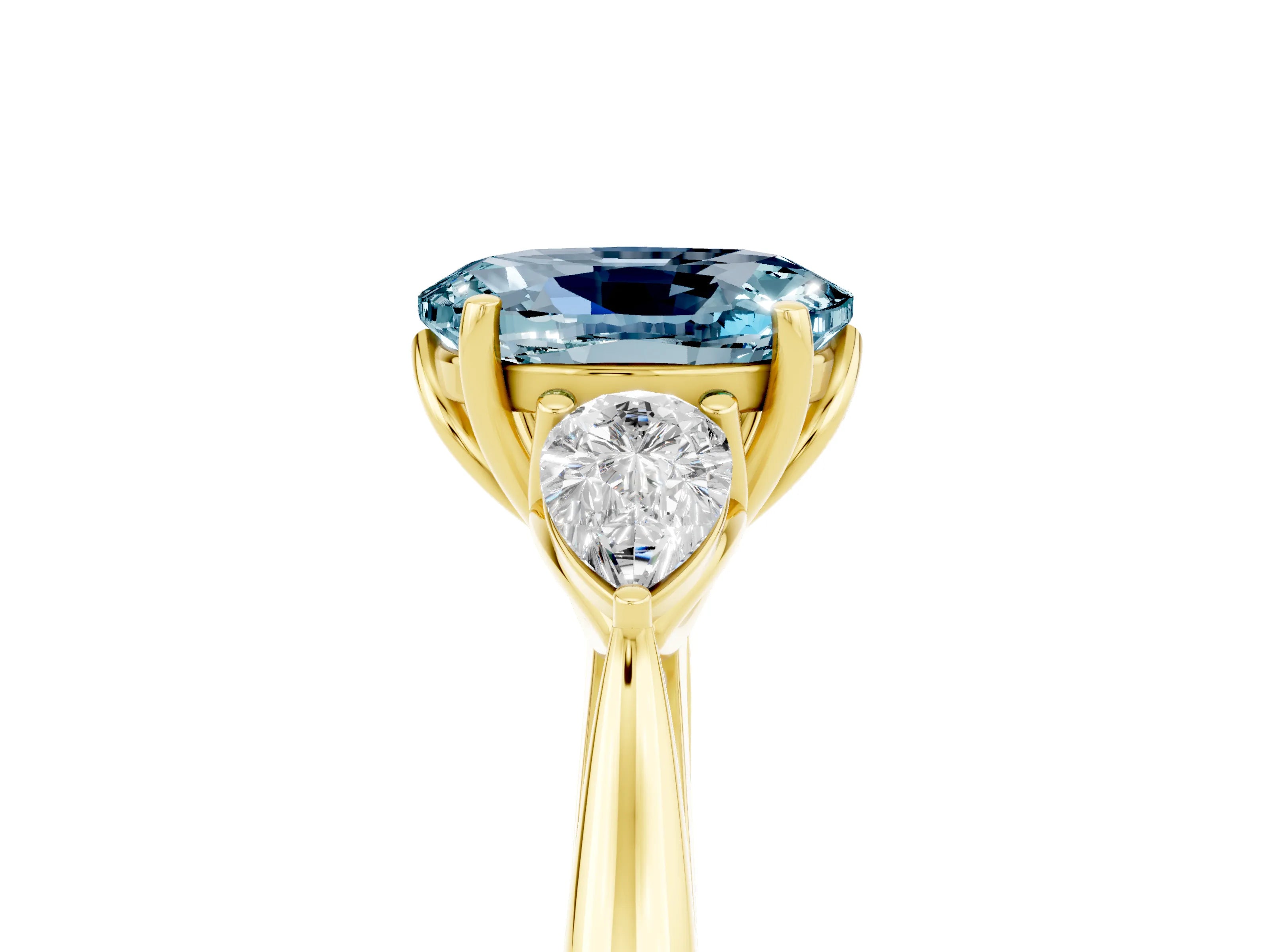 Yellow gold Oval Cut Aquamarine Three-Stone Ring with Pear Side Stones and Four-Prong Setting_17