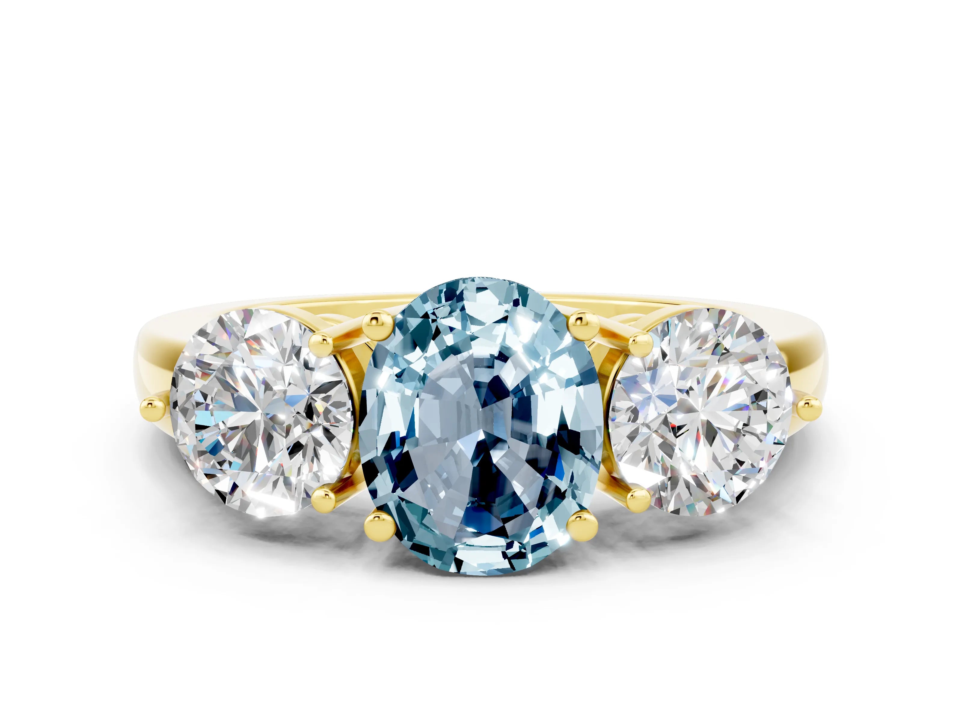 Yellow gold Oval Cut Aquamarine Three-Stone Ring with Prong Setting and Classic Band
