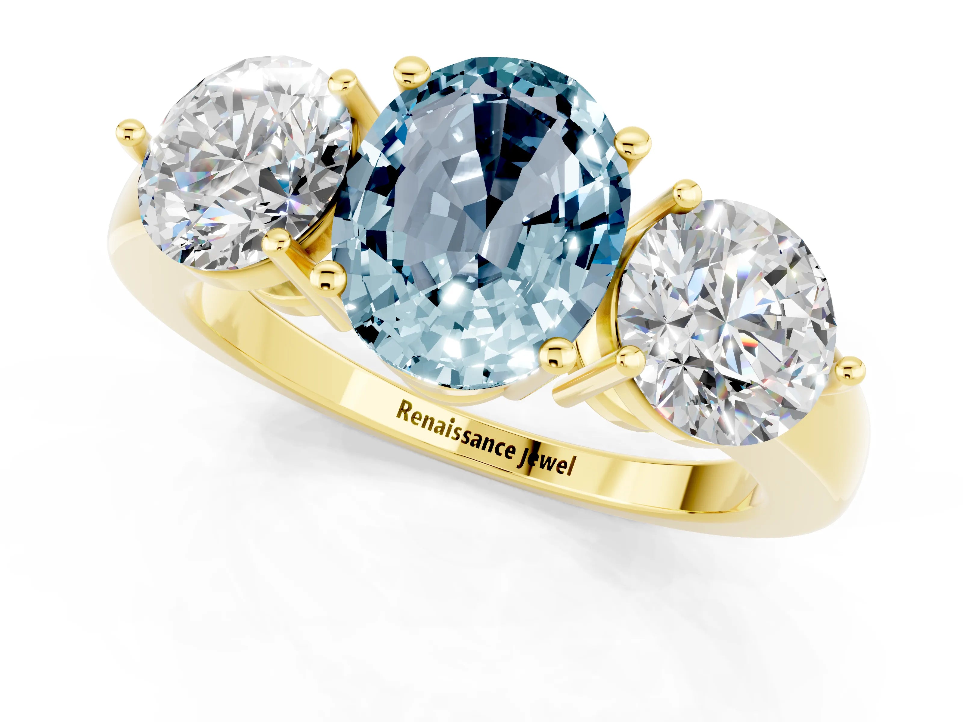 Yellow gold Oval Cut Aquamarine Three-Stone Ring with Prong Setting and Classic Band_1
