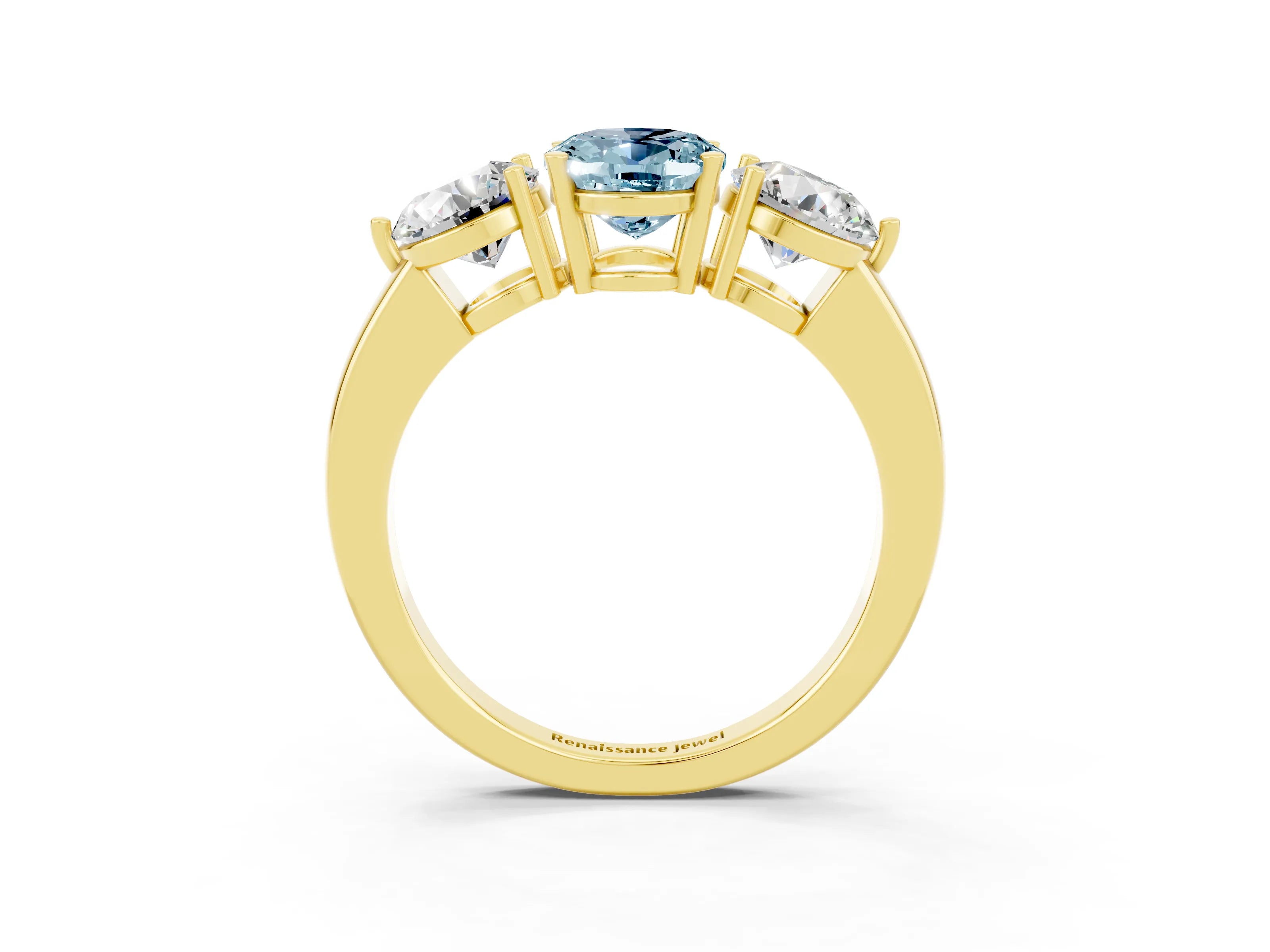 Yellow gold Oval Cut Aquamarine Three-Stone Ring with Prong Setting and Classic Band_3