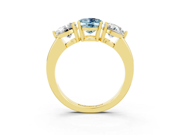 Yellow gold Oval Cut Aquamarine Three-Stone Ring with Prong Setting and Classic Band