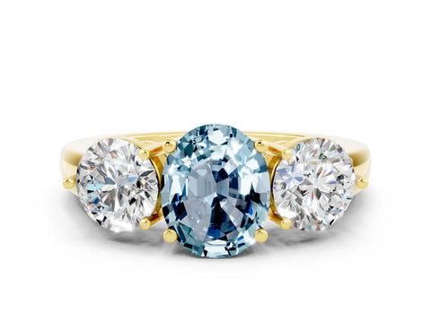 Yellow gold Oval Cut Aquamarine Three-Stone Ring with Prong Setting and Classic Band