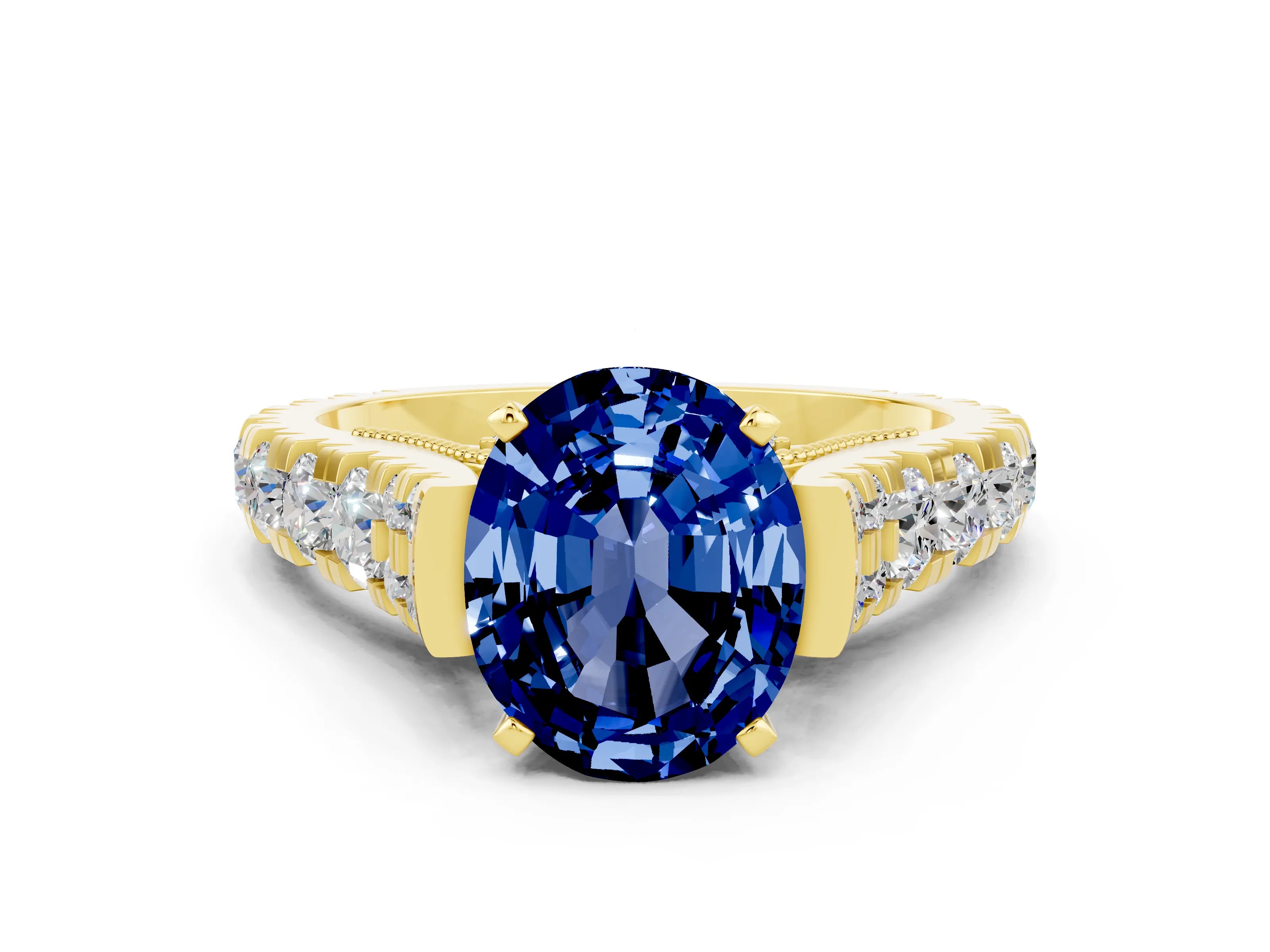 Yellow gold Oval Cut Blue Sapphire Classic Solitaire Ring with Pavé Band and Four-Prong Setting
