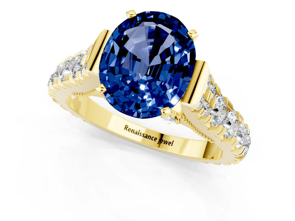 Yellow gold Oval Cut Blue Sapphire Classic Solitaire Ring with Pavé Band and Four-Prong Setting