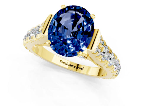 Yellow gold Oval Cut Blue Sapphire Classic Solitaire Ring with Pavé Band and Four-Prong Setting_1