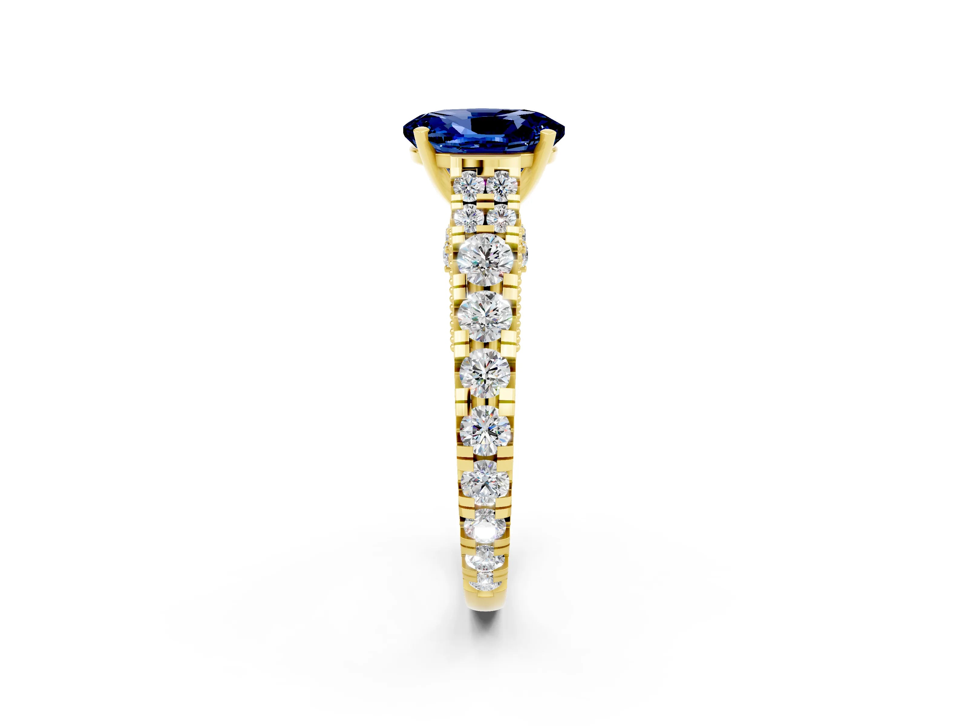 Yellow gold Oval Cut Blue Sapphire Classic Solitaire Ring with Pavé Band and Four-Prong Setting_2