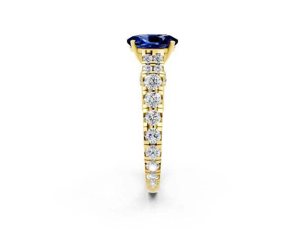 Yellow gold Oval Cut Blue Sapphire Classic Solitaire Ring with Pavé Band and Four-Prong Setting