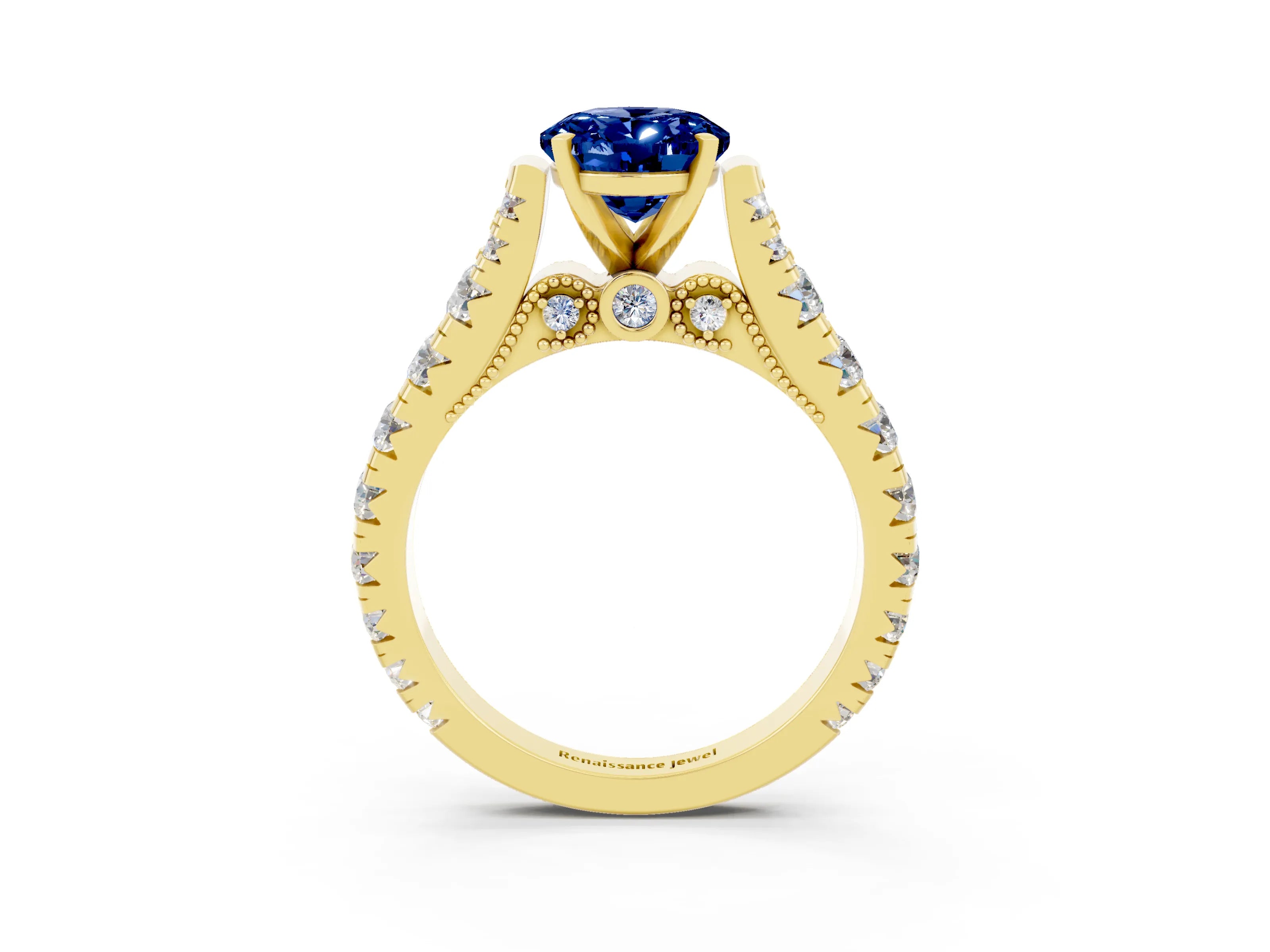 Yellow gold Oval Cut Blue Sapphire Classic Solitaire Ring with Pavé Band and Four-Prong Setting_3