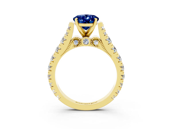 Yellow gold Oval Cut Blue Sapphire Classic Solitaire Ring with Pavé Band and Four-Prong Setting