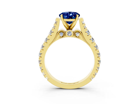 Yellow gold Oval Cut Blue Sapphire Classic Solitaire Ring with Pavé Band and Four-Prong Setting_3