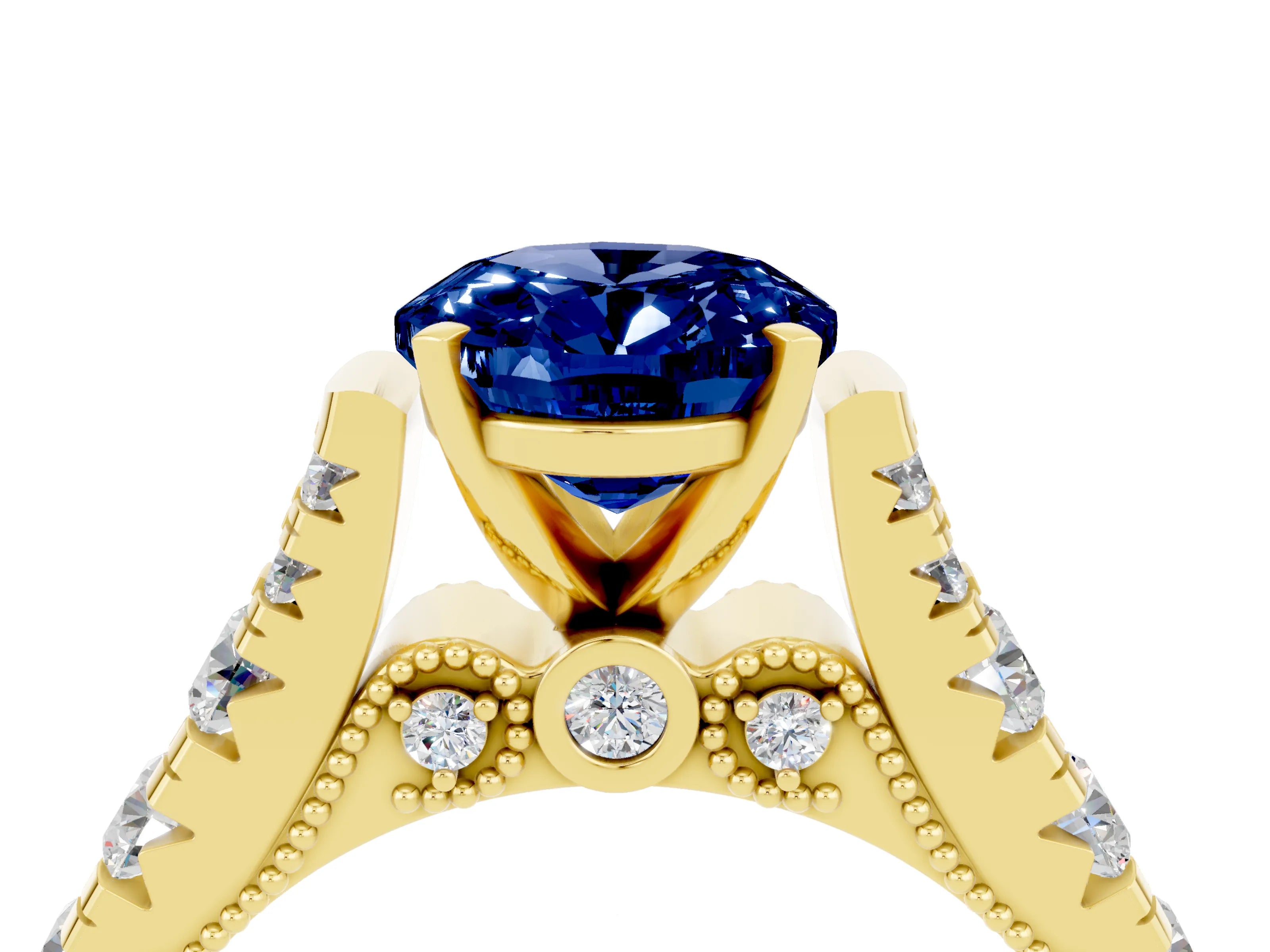 Yellow gold Oval Cut Blue Sapphire Classic Solitaire Ring with Pavé Band and Four-Prong Setting_4