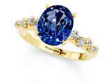 Yellow gold Oval Cut Blue Sapphire Cluster Side Stone Solitaire Ring with Prong Setting_25