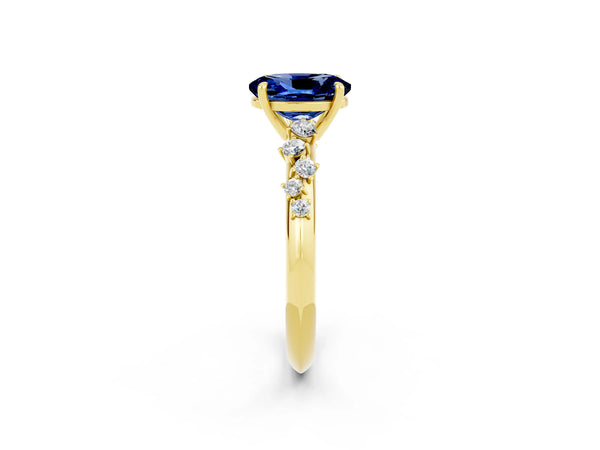 Yellow gold Oval Cut Blue Sapphire Cluster Side Stone Solitaire Ring with Prong Setting