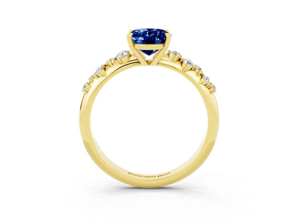 Yellow gold Oval Cut Blue Sapphire Cluster Side Stone Solitaire Ring with Prong Setting
