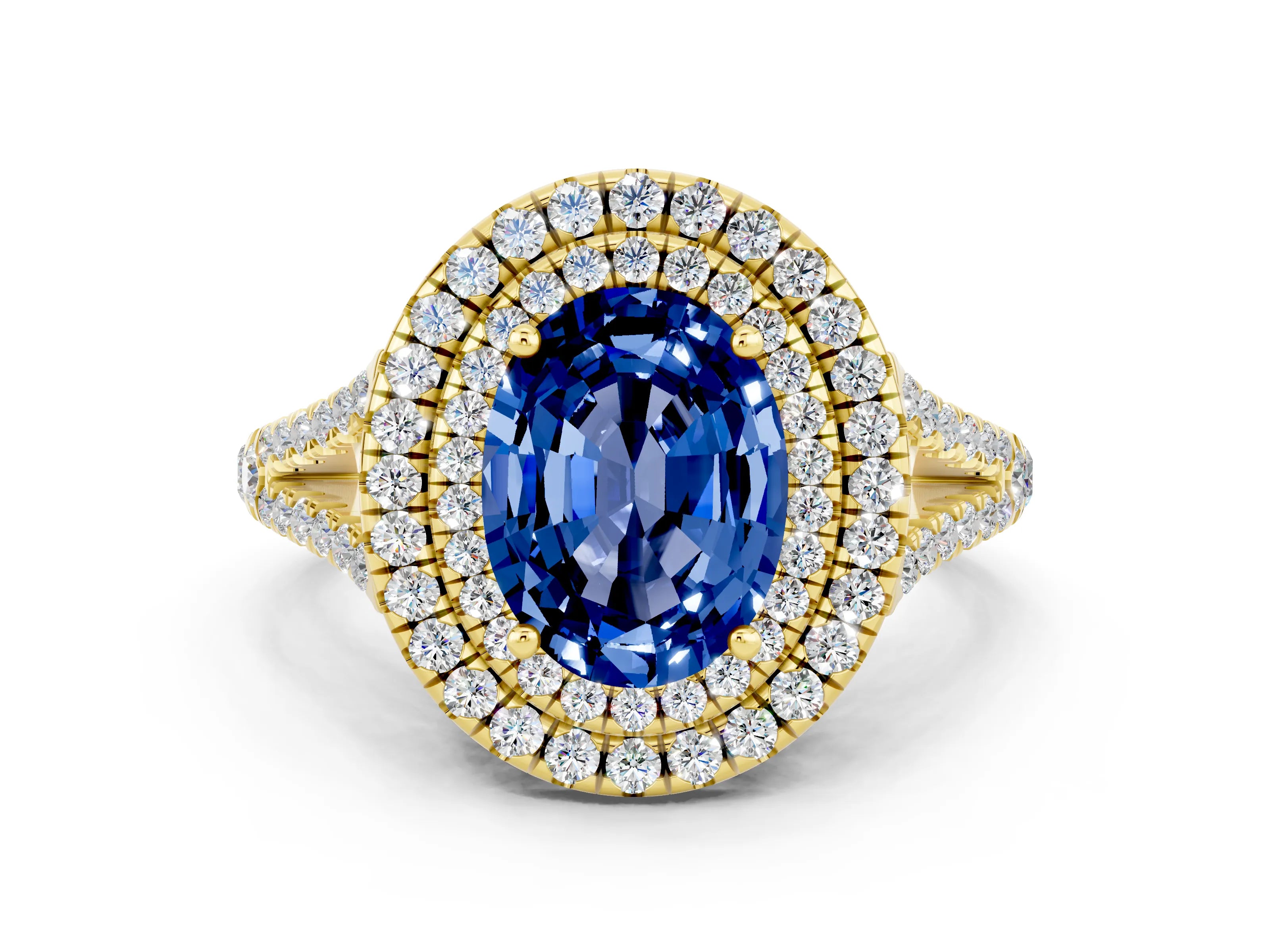 Yellow gold Oval Cut Blue Sapphire Double Halo Ring with Pavé Band and Prong Setting_12