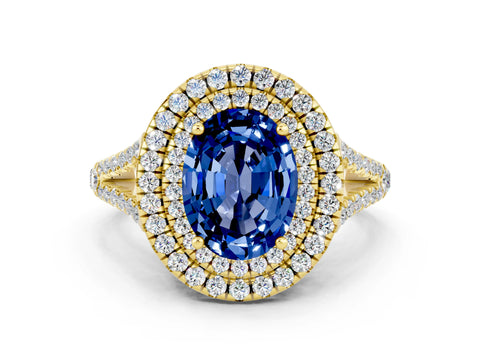 Yellow gold Oval Cut Blue Sapphire Double Halo Ring with Pavé Band and Prong Setting_12