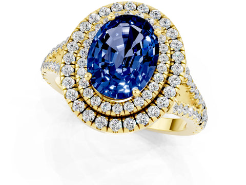 Yellow gold Oval Cut Blue Sapphire Double Halo Ring with Pavé Band and Prong Setting_13