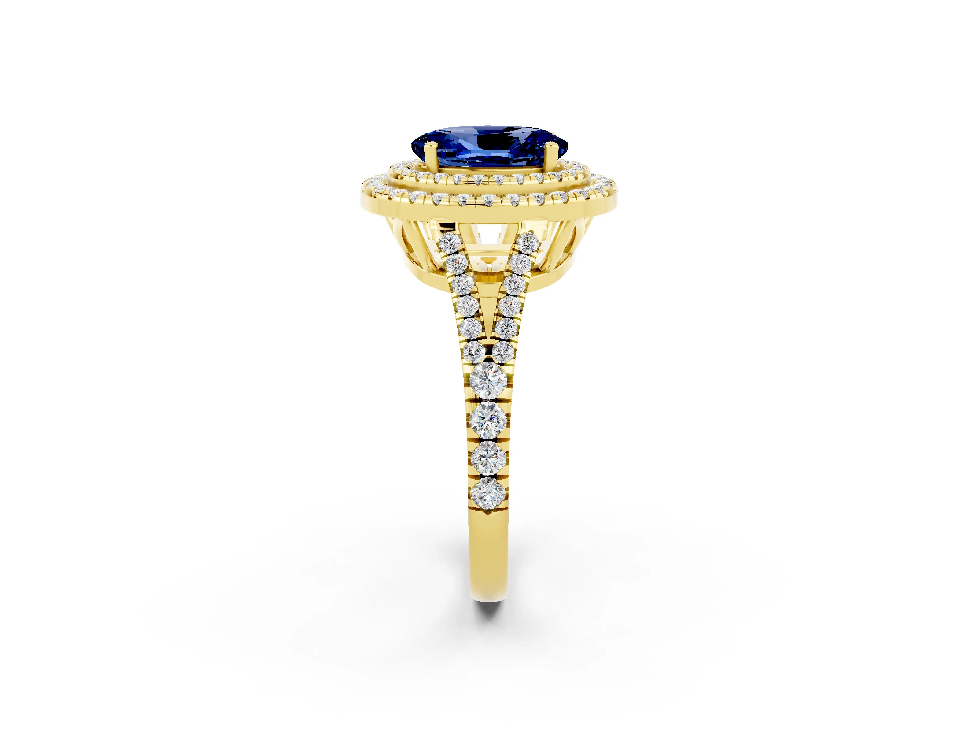 Yellow gold Oval Cut Blue Sapphire Double Halo Ring with Pavé Band and Prong Setting_14