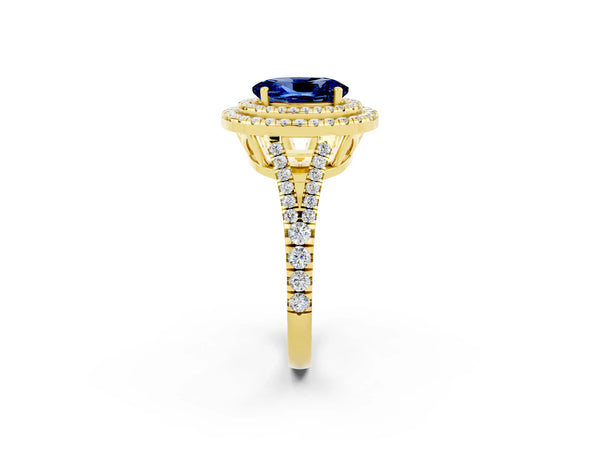 Yellow gold Oval Cut Blue Sapphire Double Halo Ring with Pavé Band and Prong Setting