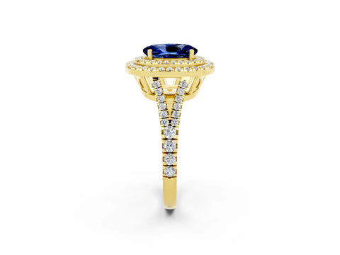 Yellow gold Oval Cut Blue Sapphire Double Halo Ring with Pavé Band and Prong Setting_14