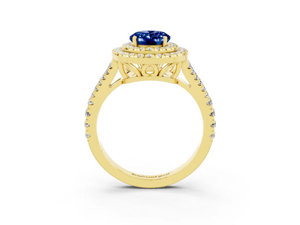 Yellow gold Oval Cut Blue Sapphire Double Halo Ring with Pavé Band and Prong Setting